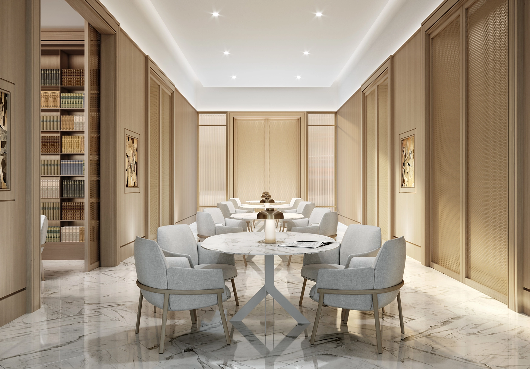 Luxurious, quiet library lounge at the Glenhill Hotel in North York, featuring plush designer seating, warm ambient lighting, and high-end boutique finishes.