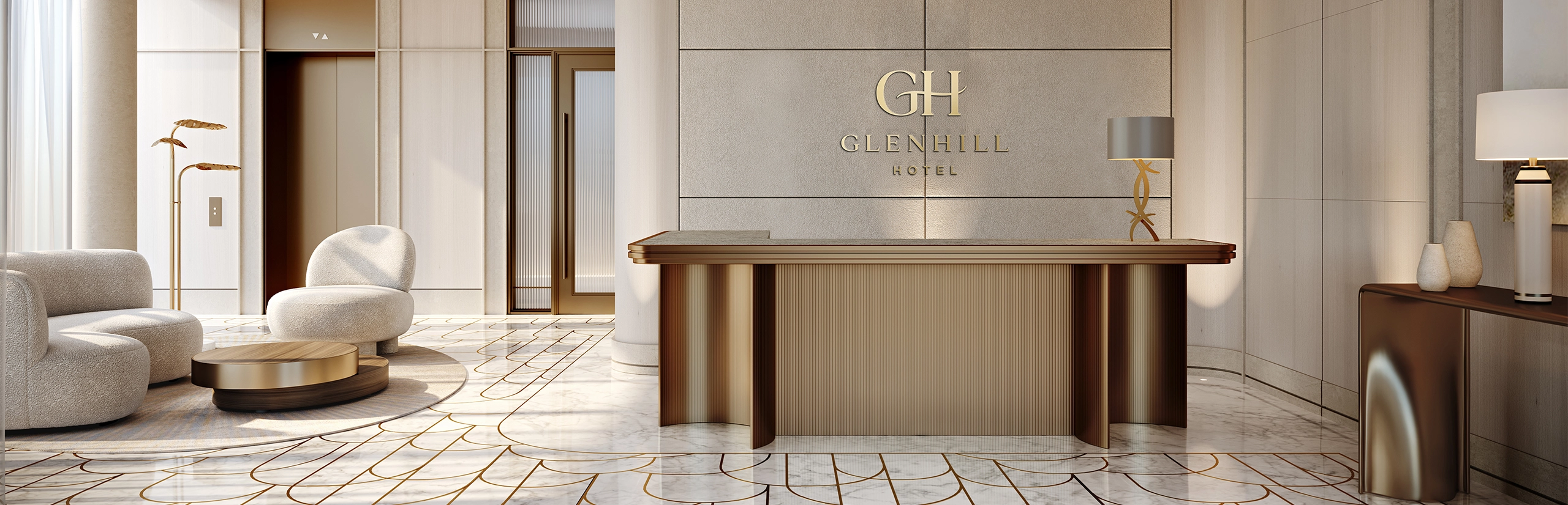 The lobby at the Glenhill Hotel in North York. Featuring refined, luxury architectural finishes with gold elements, high end furniture and a prestigious concierge desk