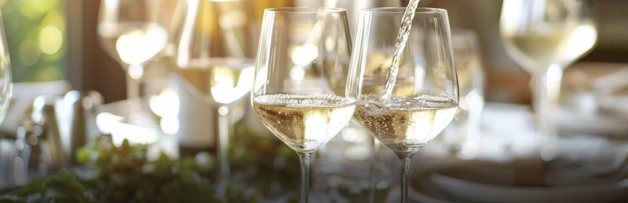 White wine being poured at a table with several wine glasses at a high end dining experience