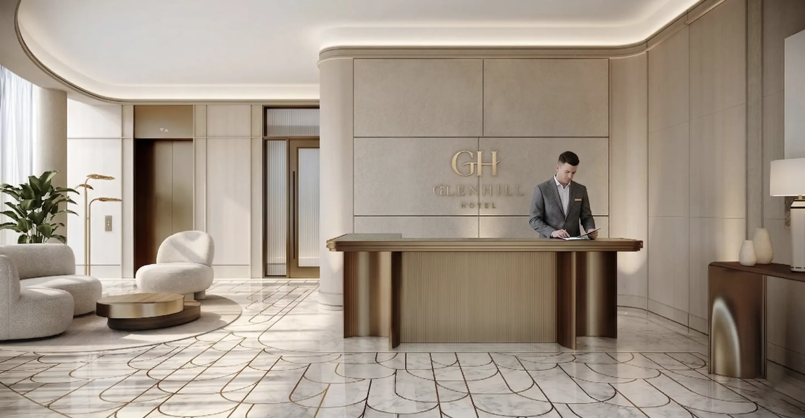 Sophisticated lobby at The Glenhill Hotel in North York, featuring plush designer seating, warm ambient lighting, and high-end boutique finishes