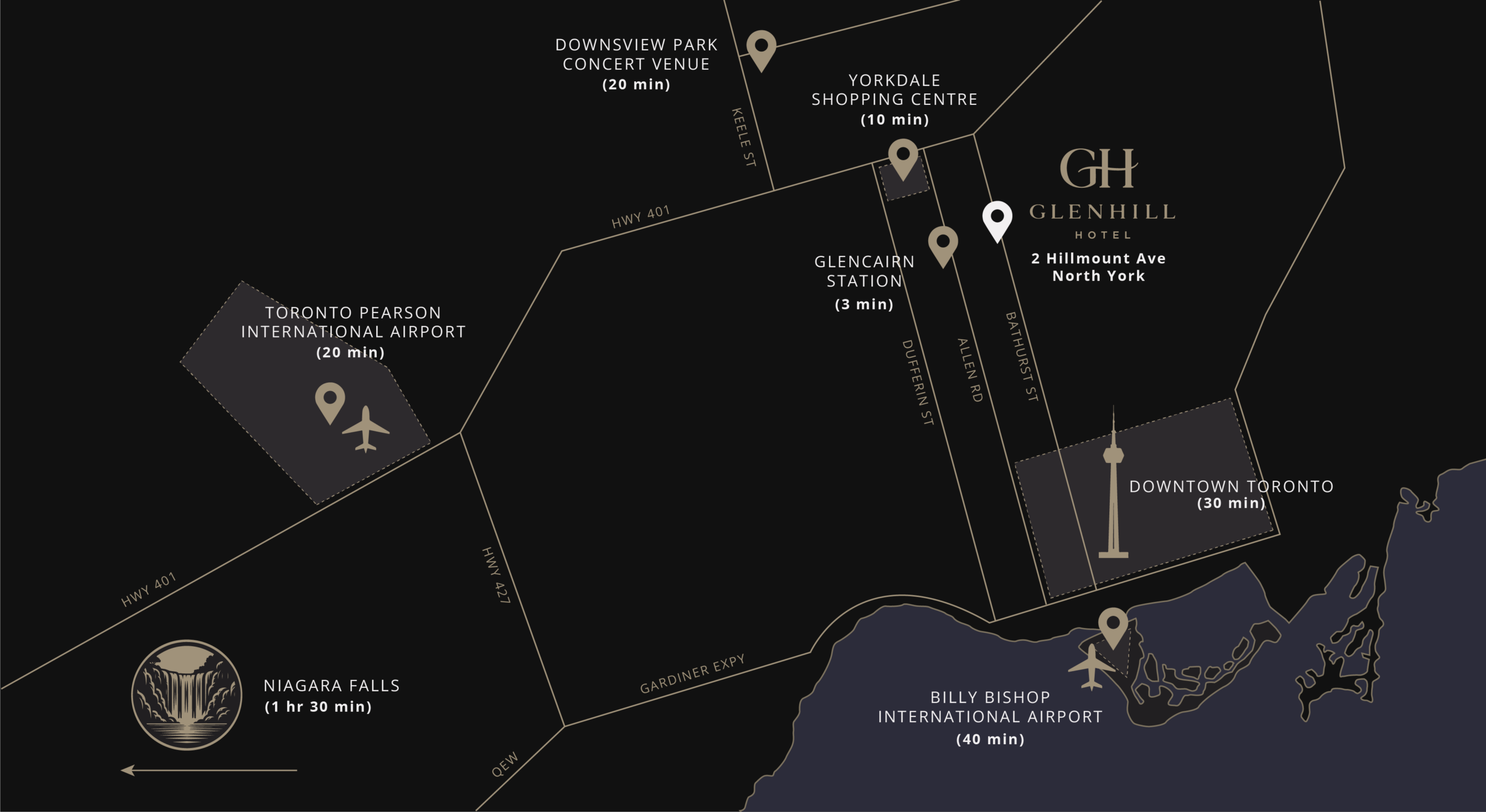 Toronto map of locations distance from The Glenhill Hotel in North York