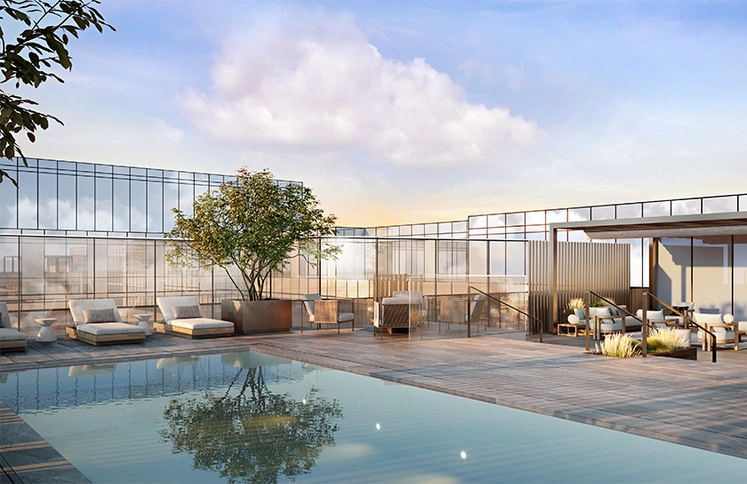 Modern terrace rooftop pool at Glenhill Hotel North York, featuring a sleek pool deck and lounge chairs.
