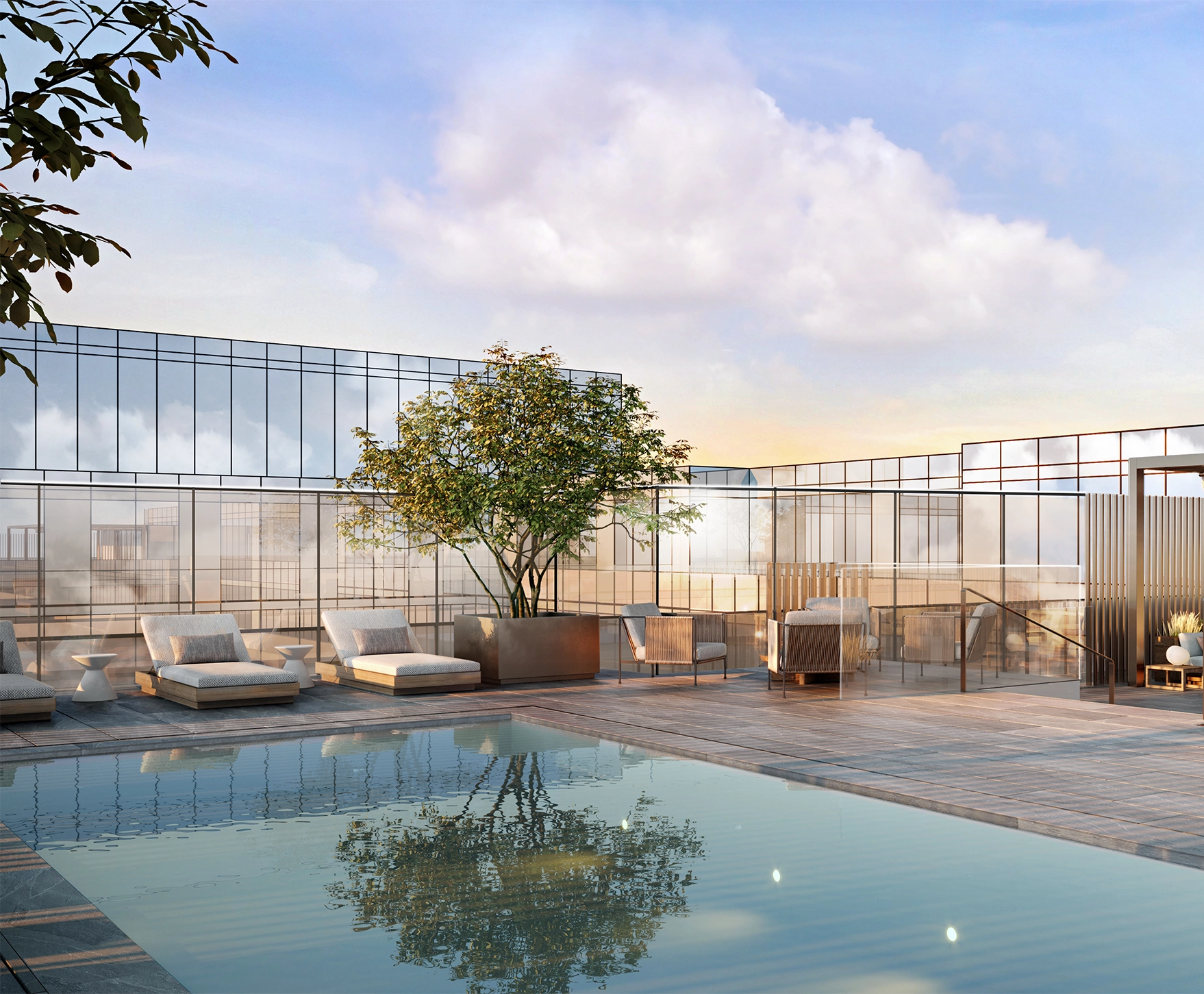 Modern terrace rooftop pool at The Glenhill Hotel North York, featuring a sleek pool deck and lounge chairs.