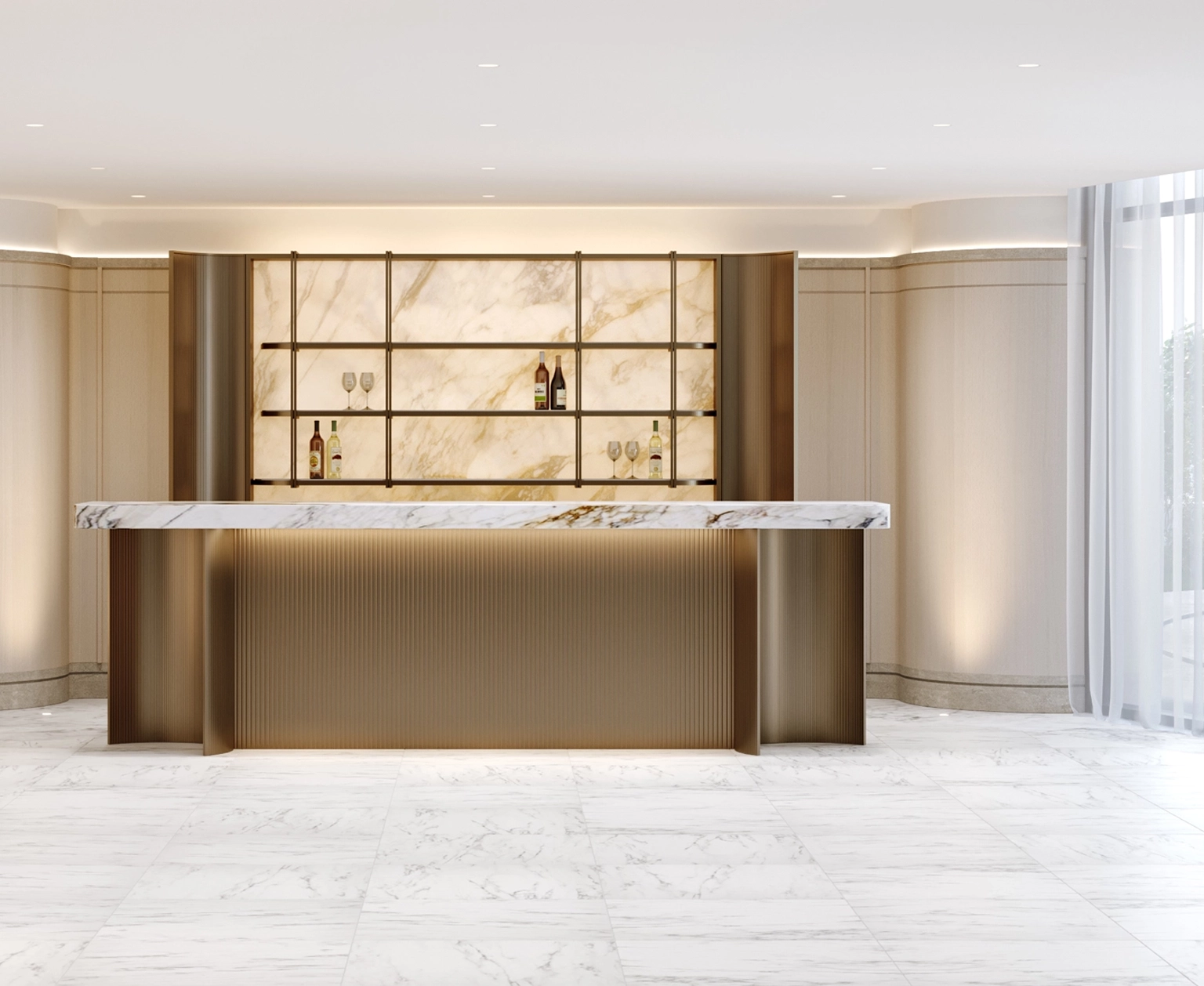 Elegant hall lobby of The Glenhill Hotel in North York, featuring high-end architectural finishes, luxury furniture, and designer lighting.