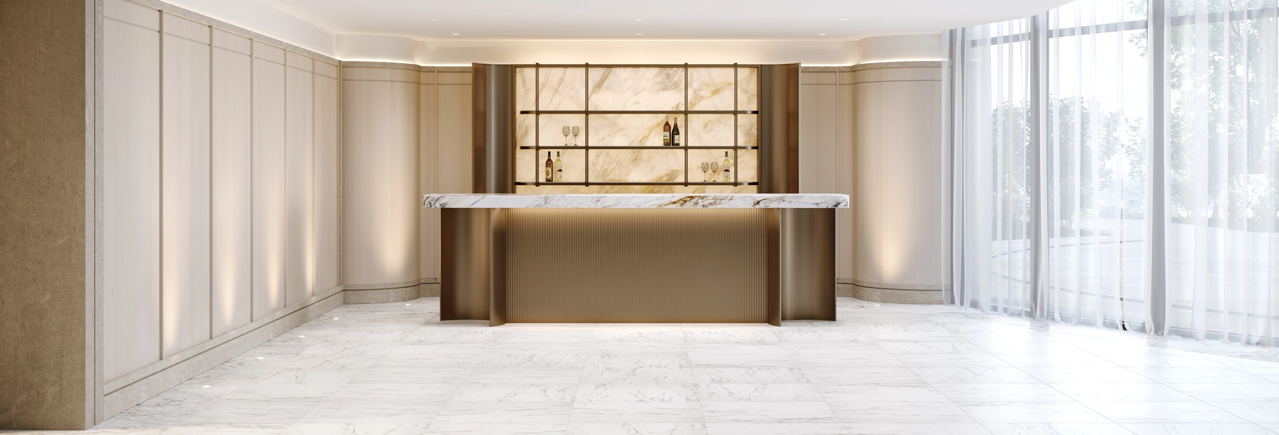 Elegant hall lobby of The Glenhill Hotel in North York, featuring high-end architectural finishes, luxury furniture, and designer lighting.