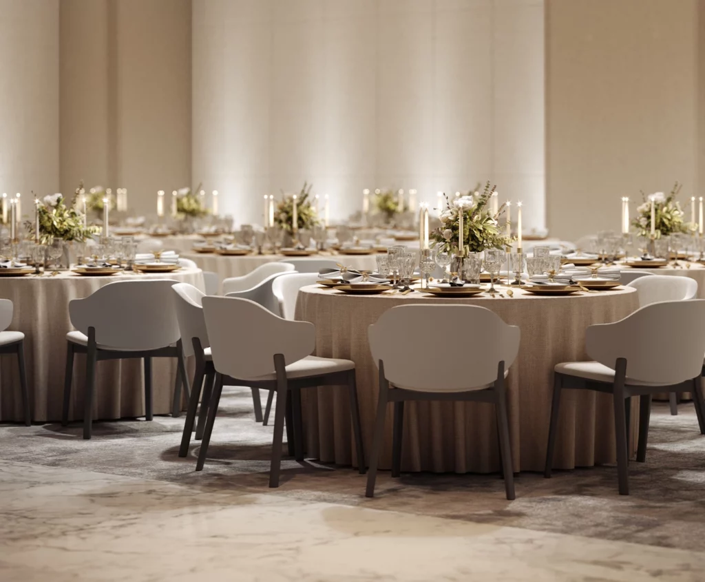 Spacious luxury event venue at The Glenhill Hotel in North York featuring high ceilings, elegant finishes, and premium linens for upscale weddings and corporate galas.