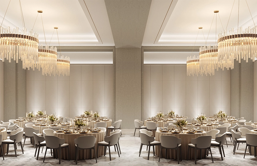 Spacious luxury event venue at The Glenhill Hotel in North York featuring high ceilings, elegant finishes, and premium linens for upscale weddings and corporate galas.