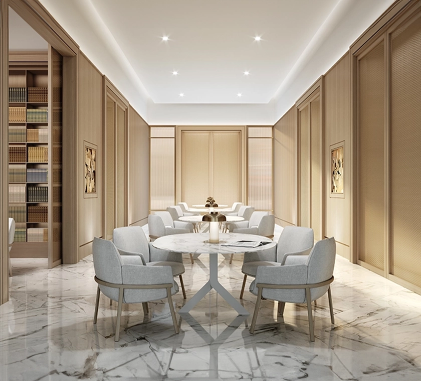 Luxurious, quiet library lounge at The Glenhill Hotel in North York, featuring plush designer seating, warm ambient lighting, and high-end boutique finishes.