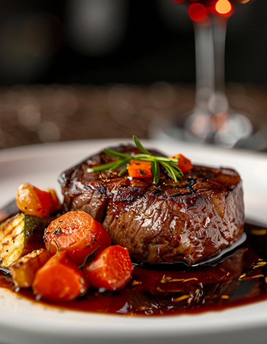 steak and veggies in a sauce served at Marron Bistro in Toronto