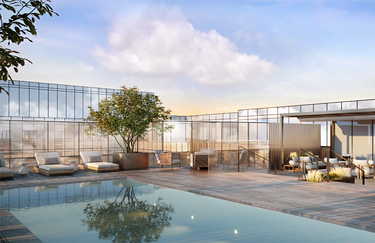 Modern terrace rooftop pool at The Glenhill Hotel North York, featuring a sleek pool deck and lounge chairs.