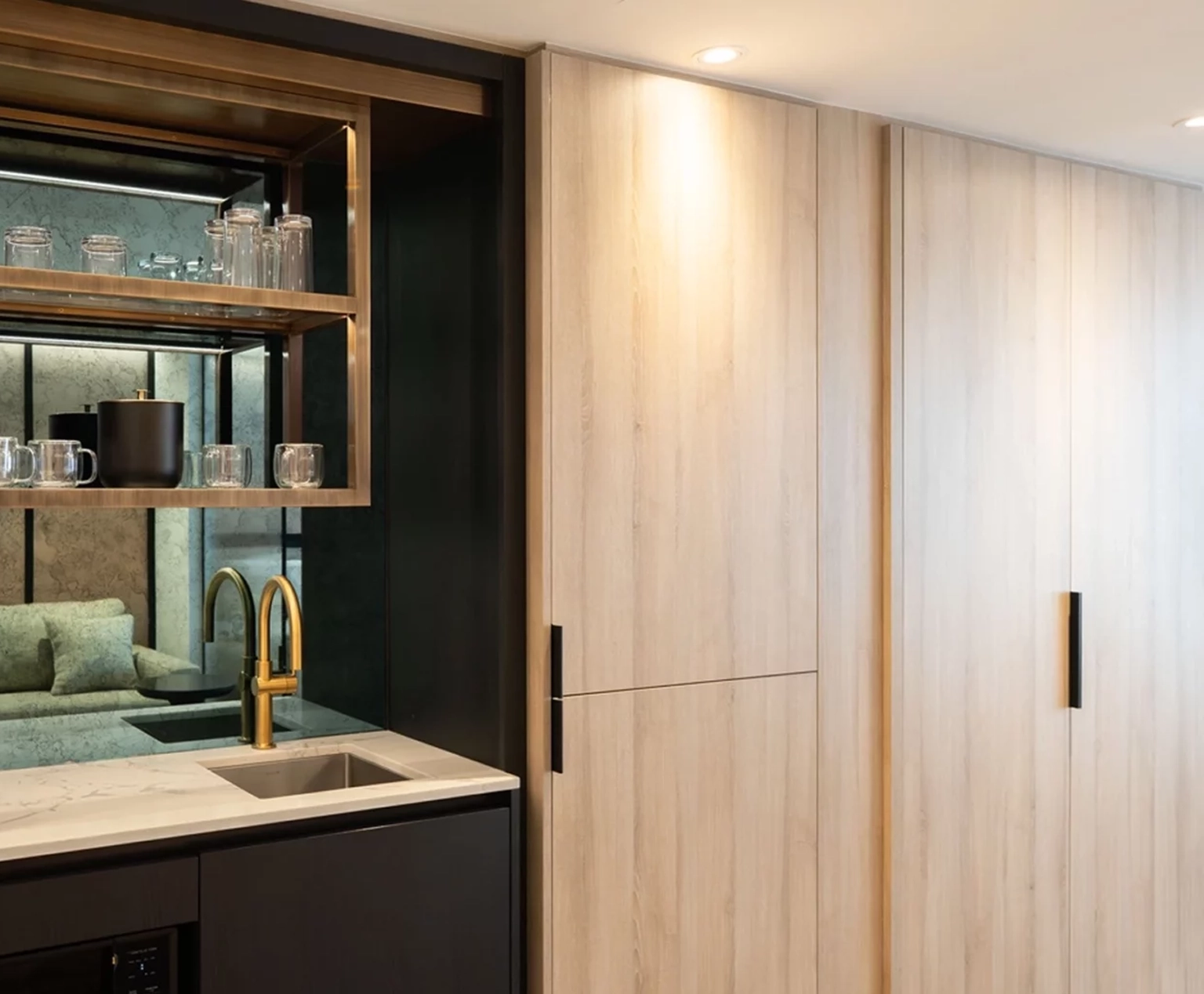 Luxury hotel suite wet bar and storage within the suite at The Glenhill Hotel North York