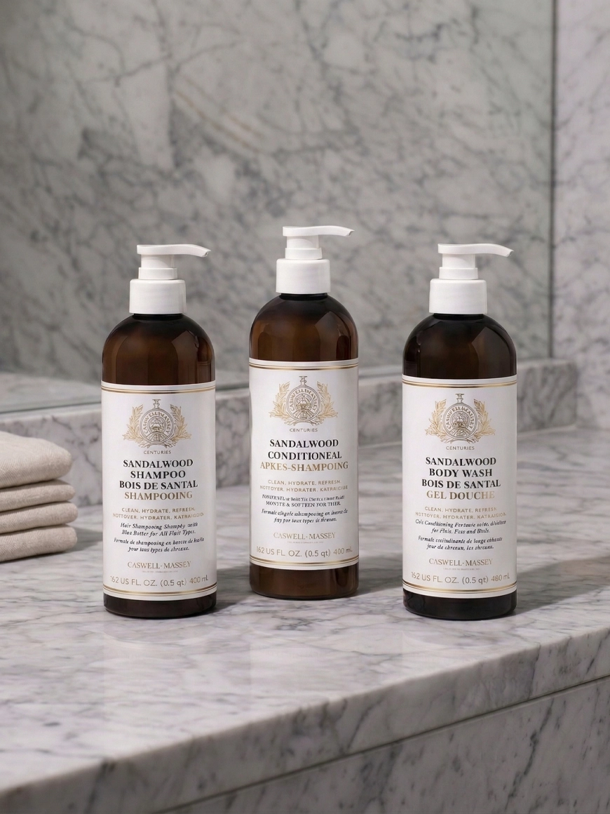 Branded shampoo, conditioner and body wash bottles within the ensuite bathrooms of the Glenhill Hotel in North York.