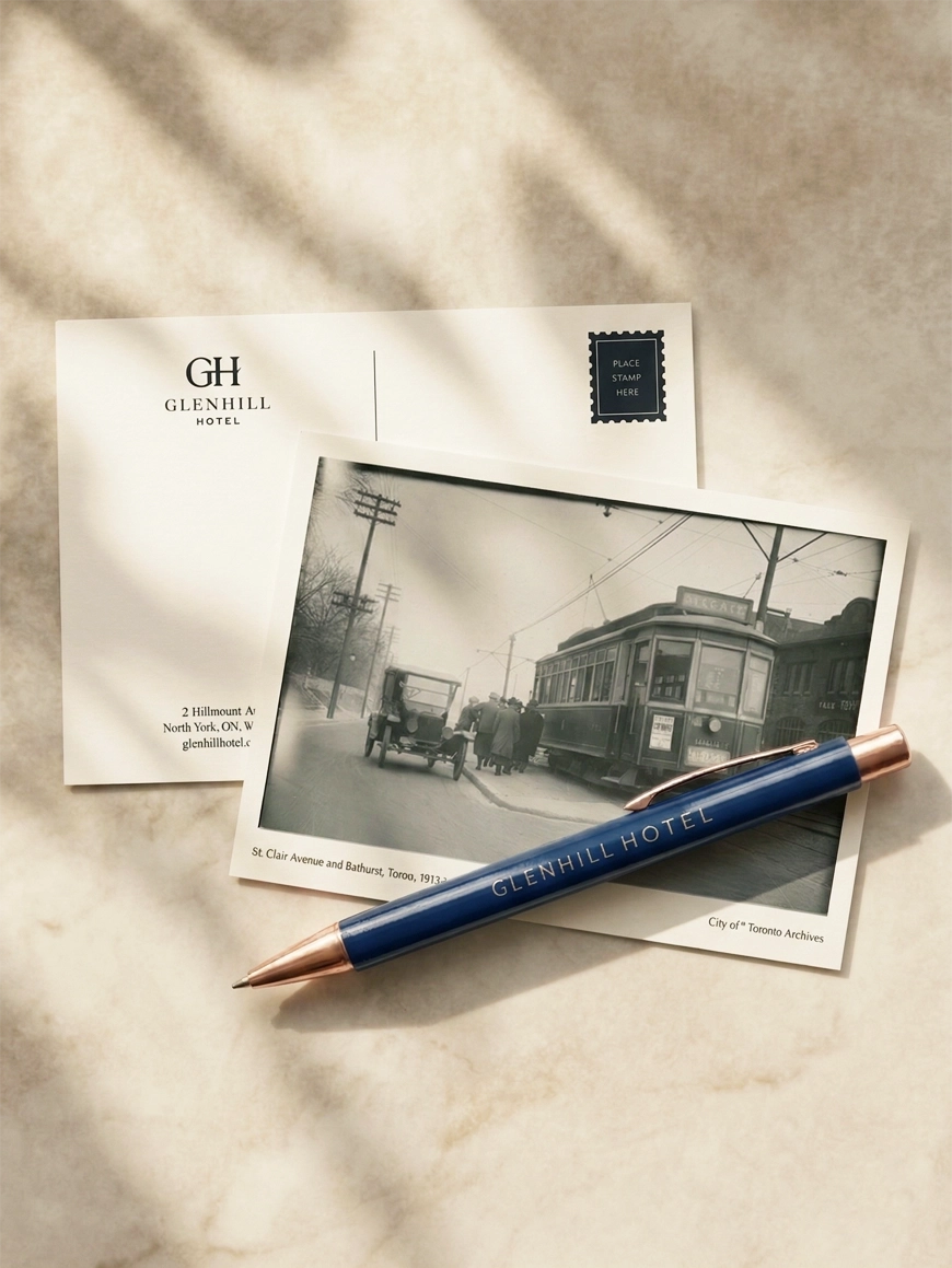 A branded notepad and pencil at the wooden desk within the luxury guest suites at The Glenhill Hotel in North York.