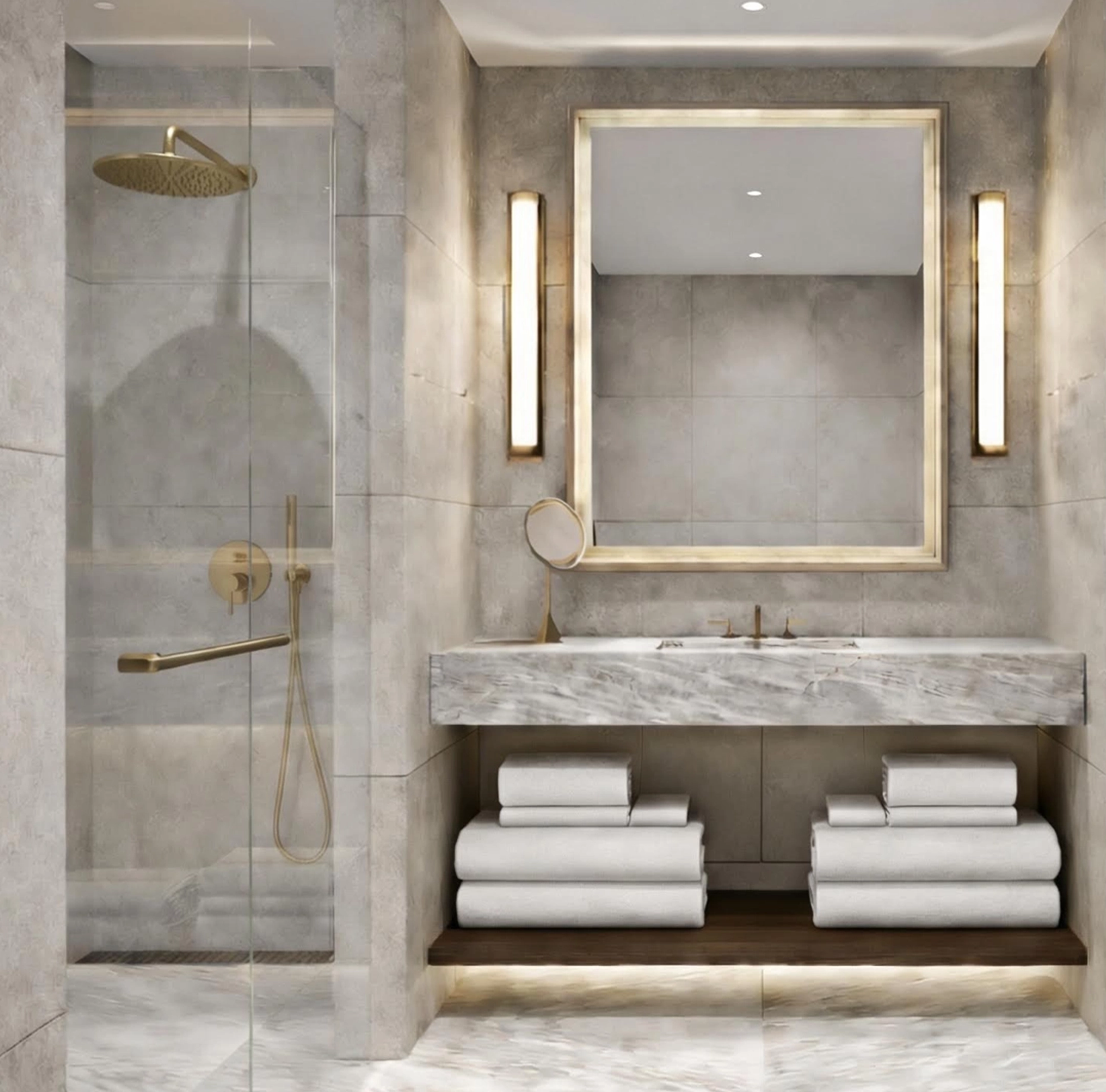 The bathroom within the luxury hotel suite at The Glenhill Hotel North York featuring marble countertops, high end finishes and lighting as well as towels and other amenities