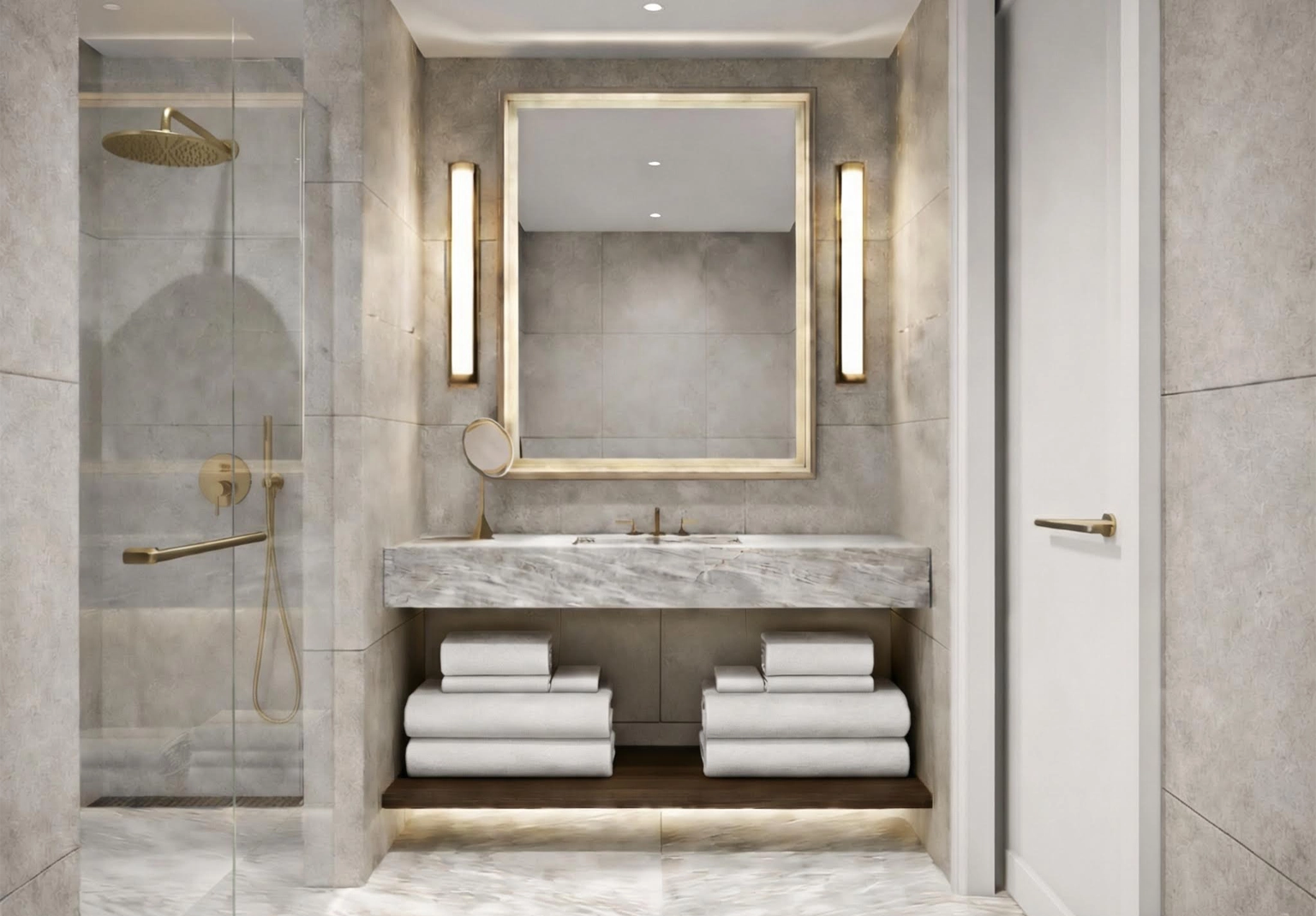 The bathroom within the luxury hotel suite at The Glenhill Hotel North York featuring marble countertops, high end finishes and lighting as well as towels and other amenities